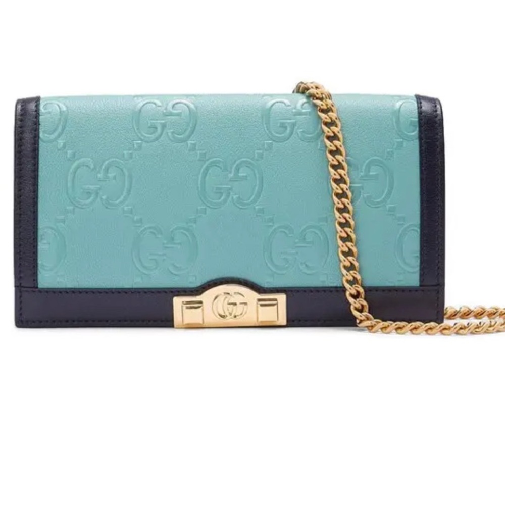 Gucci Blue and Turquoise Wallet/Clutch with Gold Chain